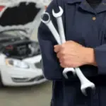 un meccanico in tuta blu di cui si vede solo una mano e una spalla dietro c'è un'auto bianca con una chiave inglese in mano