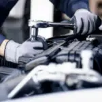 mani di meccanico con guanto con chiave inglese lavorano su un motore